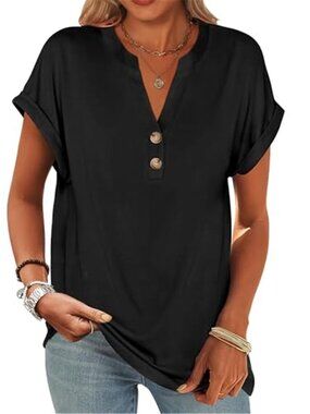 Womens Short Sleeve Henley Tops V Neck Dressy Casual Blouses Summer